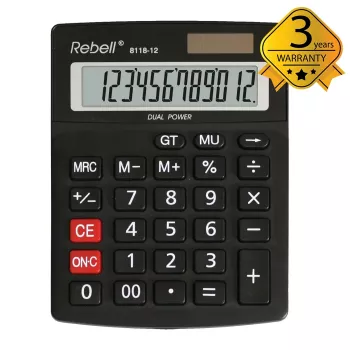 REBELL RE-8118-12 BX halftafel-zakrekenmachine, 12-cijferig gekanteld LCD, dual power solar & batterij, zwart