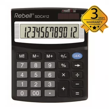 REBELL RE-SDC412 BX half-desktop zakrekenmachine, 12-cijferig lcd, dual power, zwart