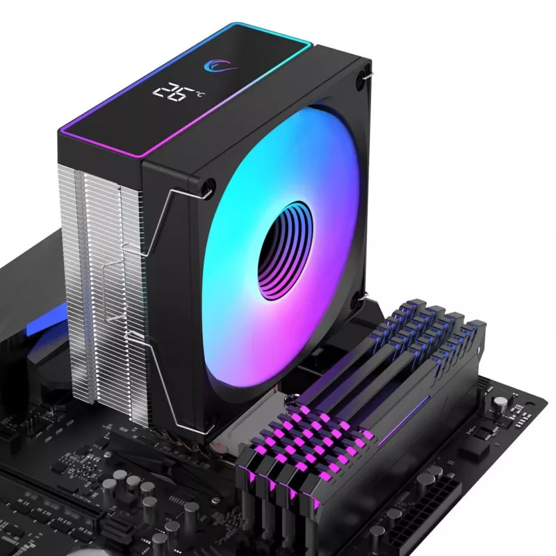 Rampage Octagon B70 CPU-luchtkoeler, 120 mm ARGB, temperatuurweergave, zwart