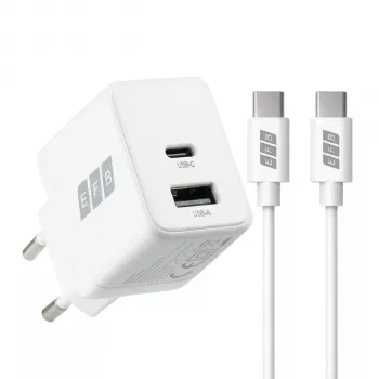 EFB Elektronik G201A1CE 20W GaN USB-C PD3.0 + USB-A QC3.0 wandoplader-set met 2m USB-C kabel, wit