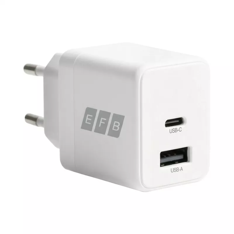 EFB Elektronik G201A1CE 20W GaN USB-C PD3.0 + USB-A QC3.0 wandoplader-set met 2m USB-C kabel, wit