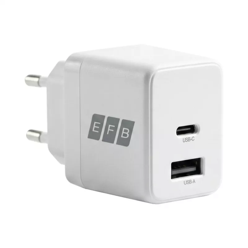 EFB Elektronik G301A1CE 30W GaN USB-C PD3.0 + USB-A QC3.0 wandoplader-set met 2m USB-C-kabel, wit