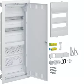 HAGER VU602NWH inbouw-verdeelkast met stopcontact en stalen deur, 2 rijen, 24 modules, wit