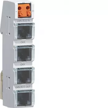 Hager LMN busmodule met 4 RJ12-aansluitingen, actieve stroomvoorziening, DIN-railmontage, 2 TE breed ZZ12LMN04A