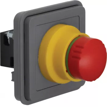Hager WNA033 noodstop-inzet, rode paddestoelkop, gele achtergrond, 1 NC, 250 V AC, 10 A, schroefklemmen, inbouwmontage