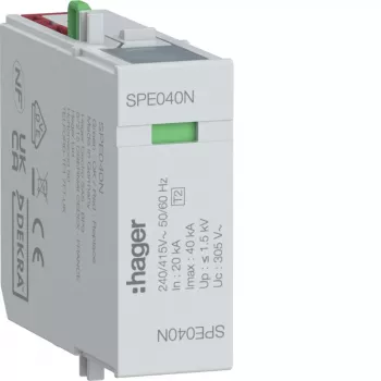 Hager overspanningsbeveiligingsmodule N-PE Type 2 SPD 255V 20kA/40kA 1,5kV SPE040N
