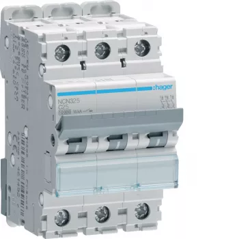 HAGER NCN325 3-polige installatieautomaat met C-karakteristiek 25A, 10kA, 3 modules