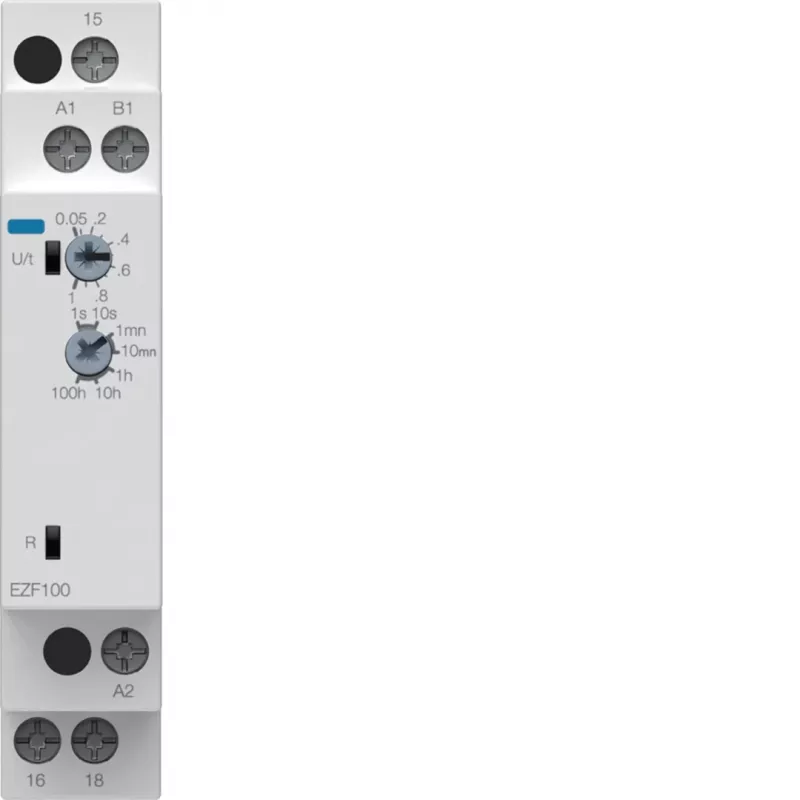 Hager EZF100 multifunctioneel tijdrelais, 230V AC, 8 functies, 0,1s-10h, 1 CO contact, DIN-rail