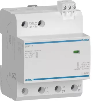 Hager SPA312 Type 1+2+3 overspanningsbeveiliging, 3-polig, 12,5 kA, TN-C, DIN-rail