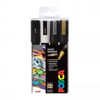 Uni-Ball Faber-Castell POSCA PC-5M metallic acrylmarker-set, 4 kleuren, middelste ronde punt 1,8-2,5 mm 182544