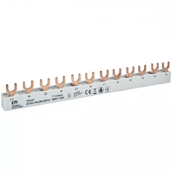 ETI 002921268 koperen verzamelrail IZ10/L1NL2NL3N/12 voor ETIMAT 1P+N, 690V, 63A, vorktype