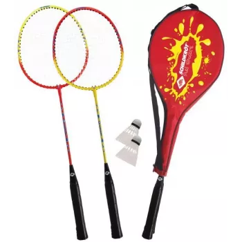 SCHILDKROT badmintonset voor 2 spelers, rood/geel, geharde stalen rackets, recreatiekwaliteit, 970902