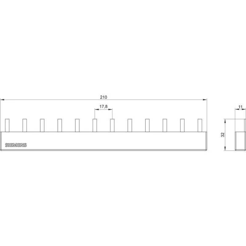 SIEMENS pen-verzamelrail 4x3-fasen 5ST3645, 12 modules, 63 A, 400 V, 10 mm², volledig geïsoleerd