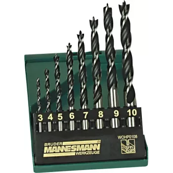Brüder Mannesmann M54308 houtborenset, 8-delig, 3–10 mm, centerpunt, koolstofstaal, kunststof koffer
