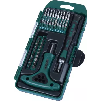 BRÜDER MANNESMANN 42-delige precisie bit-box set met ratelschroevendraaier, S2-stalen bits, magnetische snelwissel, opbergcassette 29895