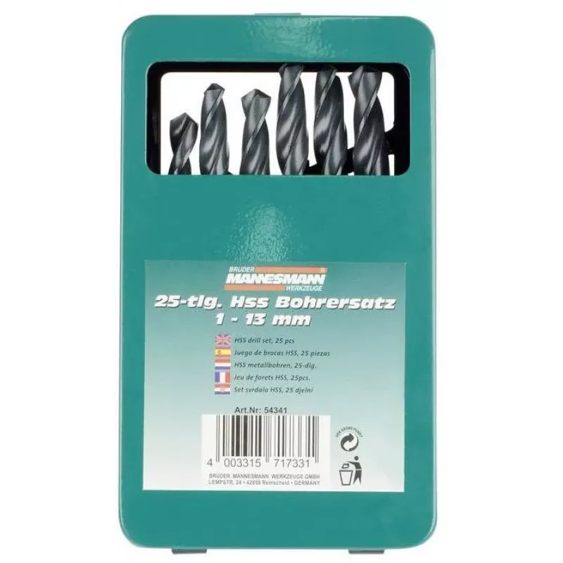 Brüder Mannesmann M54341 25-delige HSS-spiraalborenset, 1-13 mm in metalen koffer