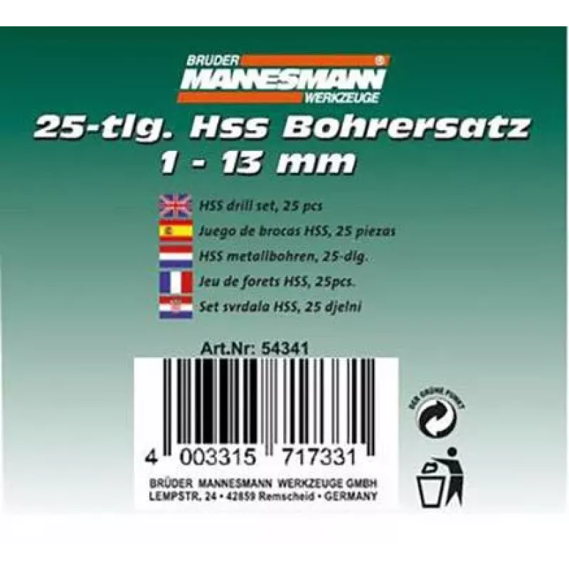 Brüder Mannesmann M54341 25-delige HSS-spiraalborenset, 1-13 mm in metalen koffer