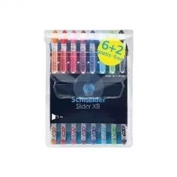 Schneider Slider Basic balpen-set - 8 verschillende kleuren, extra brede 1,4 mm punt, Viscoglide-technologie, ergonomische rubberen greepzone, roestvrijstalen clip 151298