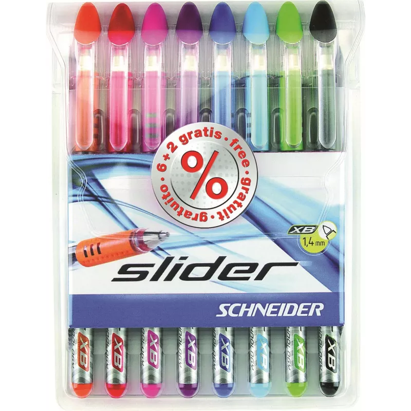 Schneider Slider Basic balpen-set - 8 verschillende kleuren, extra brede 1,4 mm punt, Viscoglide-technologie, ergonomische rubberen greepzone, roestvrijstalen clip 151298