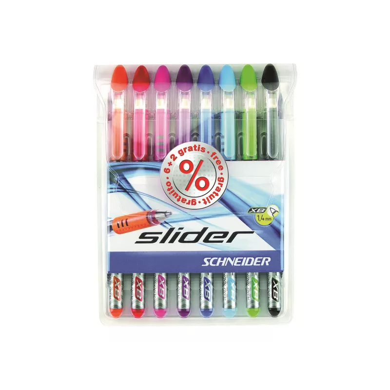 Schneider Slider Basic balpen-set - 8 verschillende kleuren, extra brede 1,4 mm punt, Viscoglide-technologie, ergonomische rubberen greepzone, roestvrijstalen clip 151298