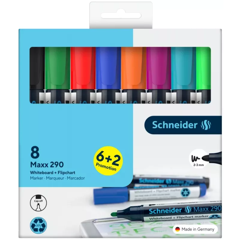 Schneider Maxx 290 whiteboard- en flipchartmarker 8-delige set diverse kleuren, ronde punt 2,0-3,0 mm 129098