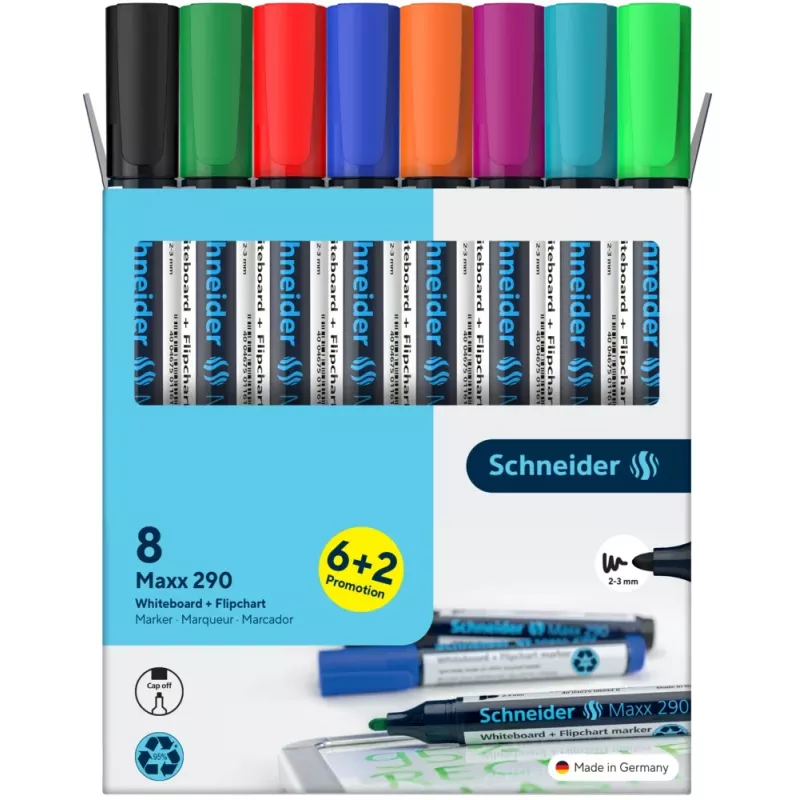 Schneider Maxx 290 whiteboard- en flipchartmarker 8-delige set diverse kleuren, ronde punt 2,0-3,0 mm 129098