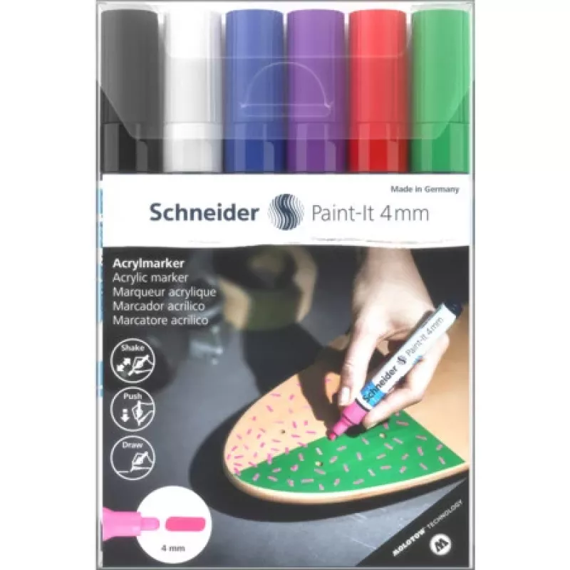 Schneider Paint-It 320 V1 acrylmarker-set, 6 verschillende kleuren, 4,0 mm ronde punt 120295