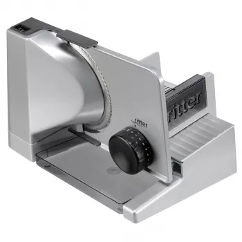 ritter solida 4 allesnijder met ECO-motor volledig metalen uitvoering, schuin geplaatst - snededikte-instelling tot ca. 23 mm - veiligheids-moment- en continu-schakelaar - soepel lopende slede met rvs oplegplaat - made in Germany (554.070)