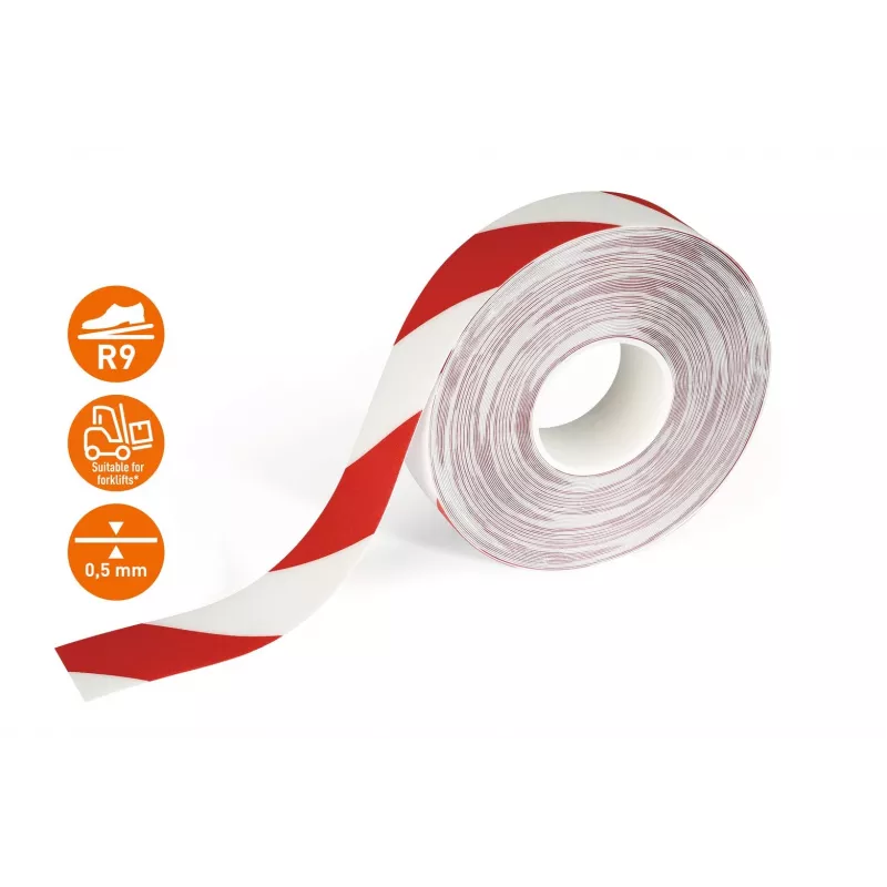 DURABLE DURALINE 50/05 zelfklevende vloermarkeerband, rood/wit, 50 mm x 5 m 1021132