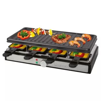 Clatronic RG 3757 raclettegrill, rechthoekig, geribbelde grillplaat 42x21 cm, 8 raclettepannetjes, 1400 W, RVS/kunststof 263946