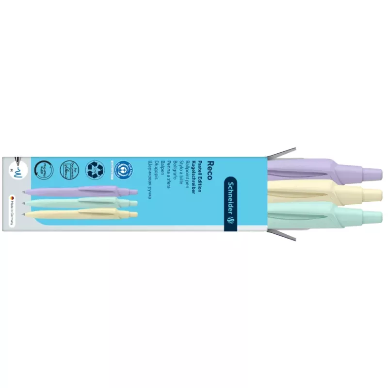 Schneider Reco Pastel balpen, blauwe inkt, 3-pack, diverse pastelkleuren 131893