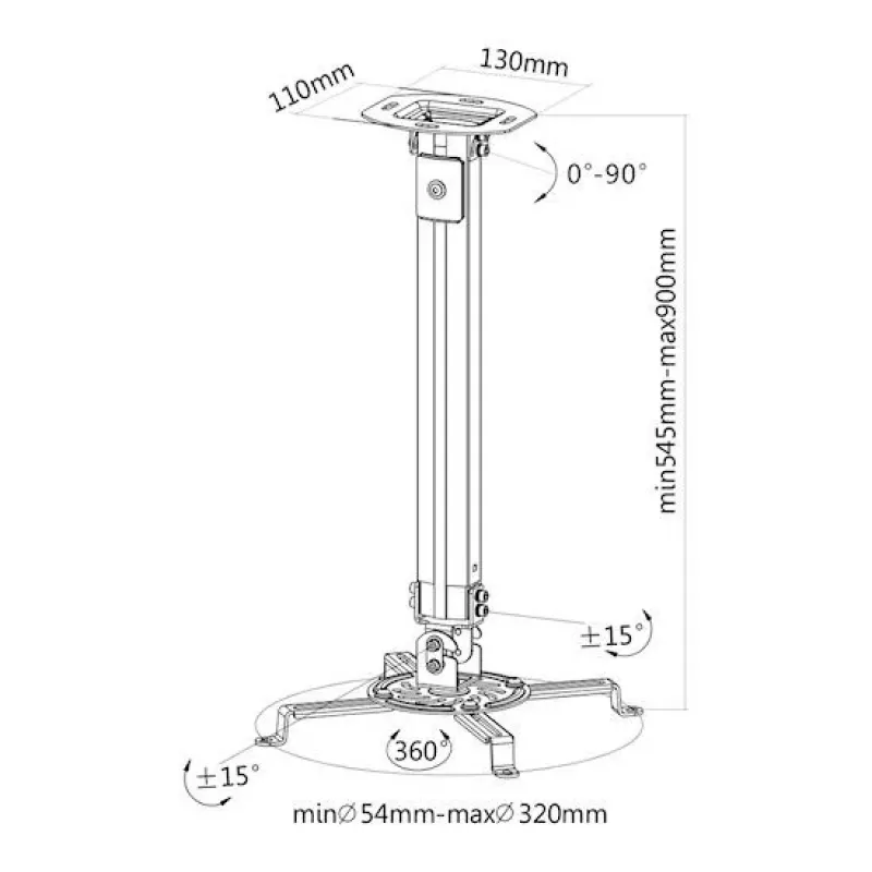 E+P DH 90 projector-plafondbeugel 900mm kanteling zwenk draaiing 13,5kg zilver 1258040