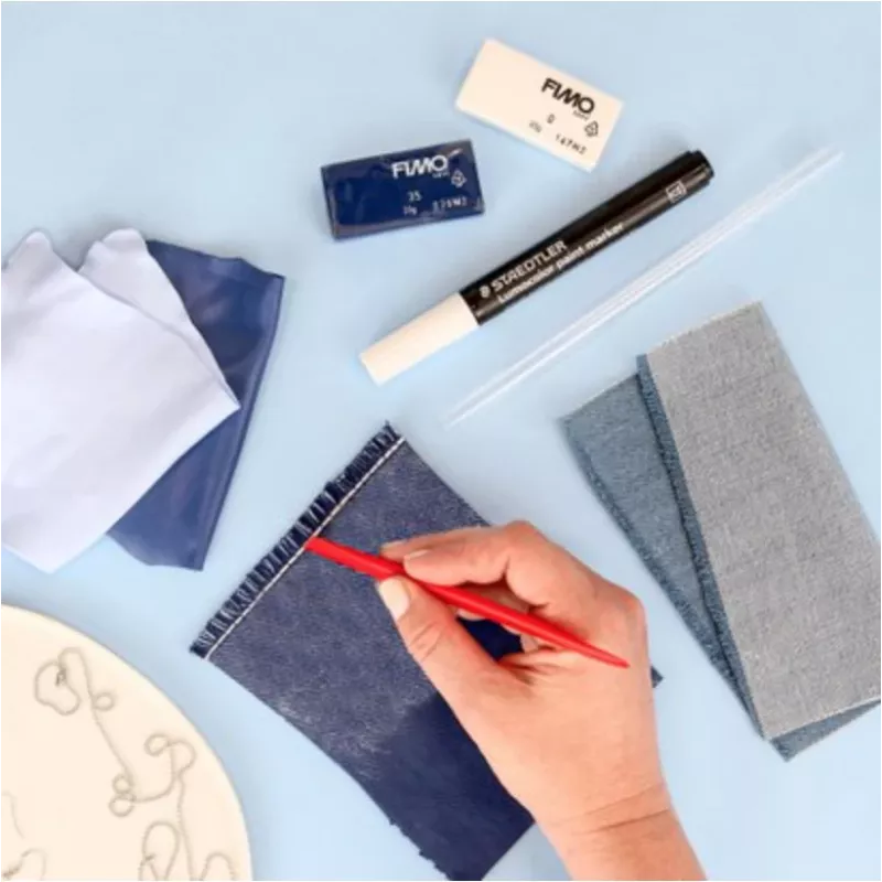 FIMO SOFT jeans-effect modelleerklei-set, ovenhardend, 4 x 25 g (wit, lichtblauw, donkerblauw, grijs) 8025 HTC2