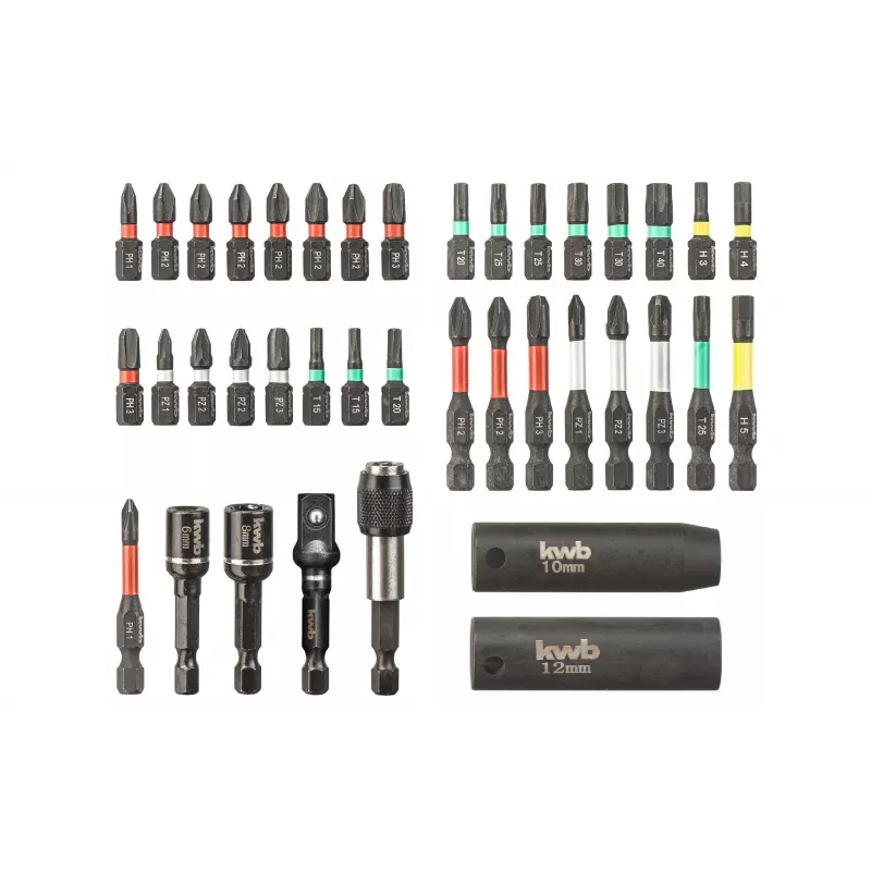 kwb 109010 bit-set, 39-delig, S2-staal-bits, 1/4 inch zeskantschacht, magnetische snelwisselhouder, kleurgecodeerd