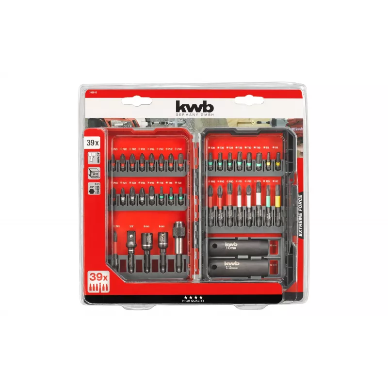 kwb 109010 bit-set, 39-delig, S2-staal-bits, 1/4 inch zeskantschacht, magnetische snelwisselhouder, kleurgecodeerd