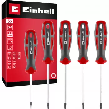 Einhell universele Torx schroevendraaier-set T10-T30, 5-delig, magnetische punten, chroom-vanadiumstaal, ergonomische bi-materiaal grepen, werkplaats & klussen 370537