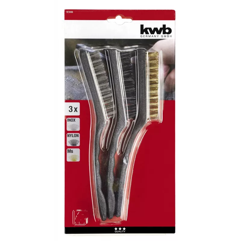 kwb 3-delige draadborstel-set – staal-, messing- en nylonborstels met ergonomische grepen (923490)