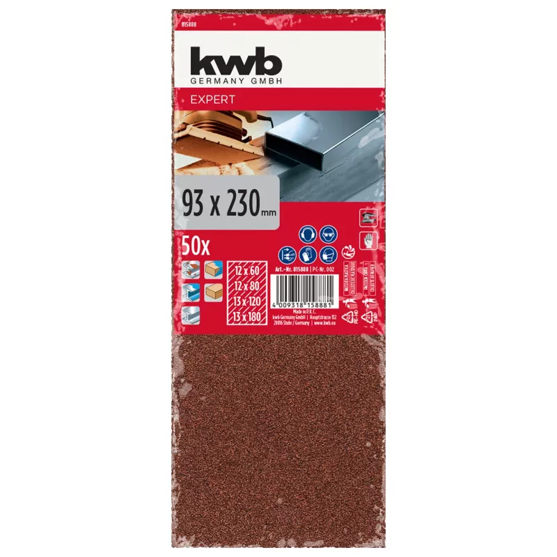 KWB 815888 schuurpapierbladen, korrel P60/P80/P120/P180, 230 x 93 mm, 50 stuks