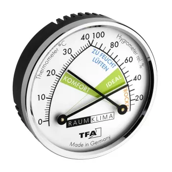 TFA Dostmann 452024 thermo-hygrometer, analoog, wit/zilver, wandmontage of tafelstandaard, -15 tot +55°C, 0-100% RH