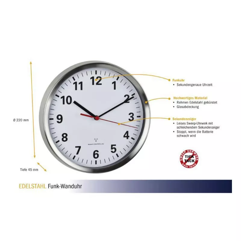 TFA Dostmann 60.3529.02 draadloze wandklok 220 mm aluminium secondewijzer slepend