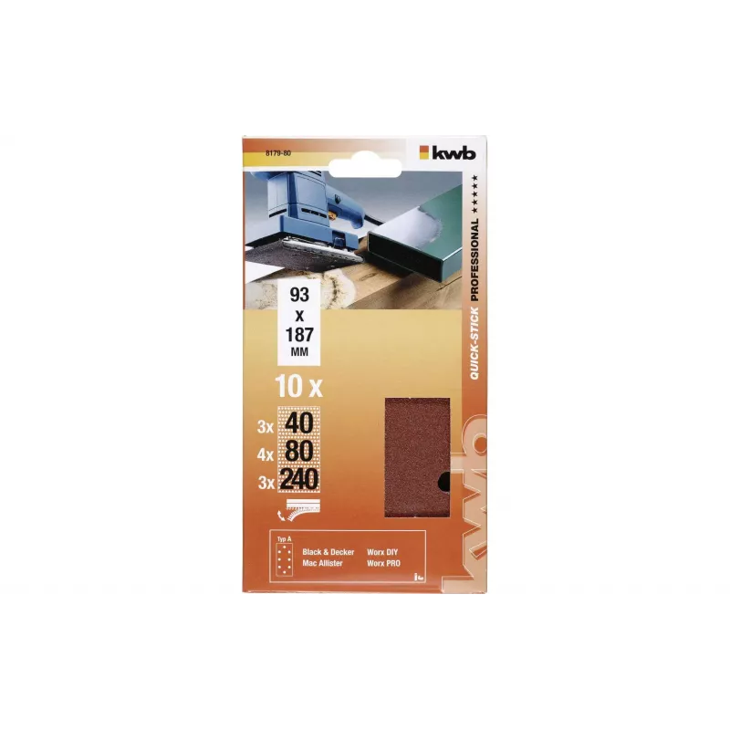 KWB 817980 schuurpapierbladen, korrel P40/P80/P240, 186 x 93 mm, 10 stuks