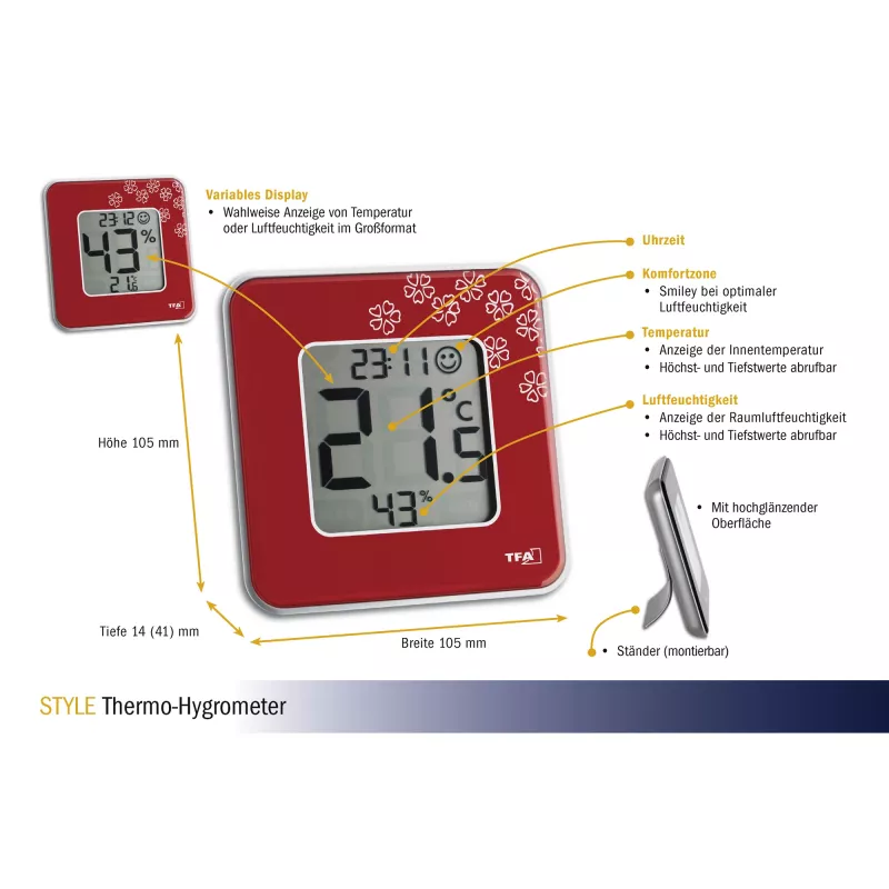 TFA Dostmann Style binnen elektronische hygrometer rood (30.5021.05)