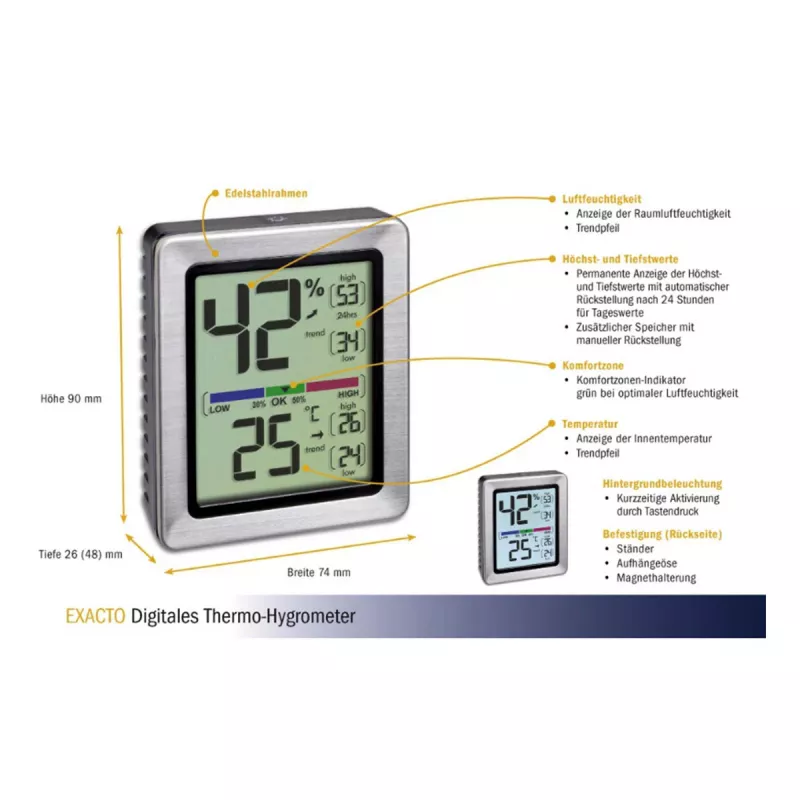TFA Dostmann EXACTO digitale thermo-hygrometer zilver 30.5047.54.K