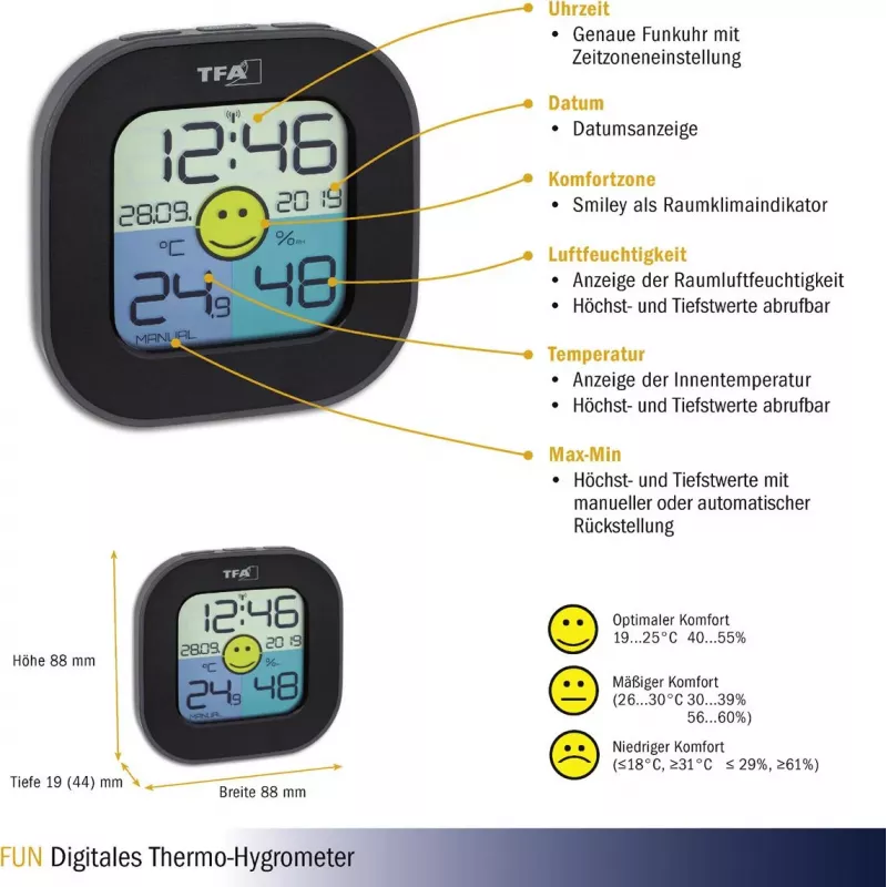 TFA Dostmann FUN Binnen elektronische hygrometer Zwart (30.3242.02)