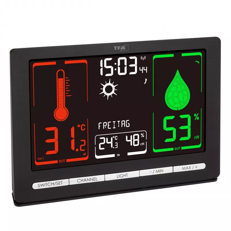 TFA Dostmann METEOCHROME Draadloos weerstation met kleurendisplay, 12-24u voorspelling, buitensensor, DCF-77-klok 35.1132.01