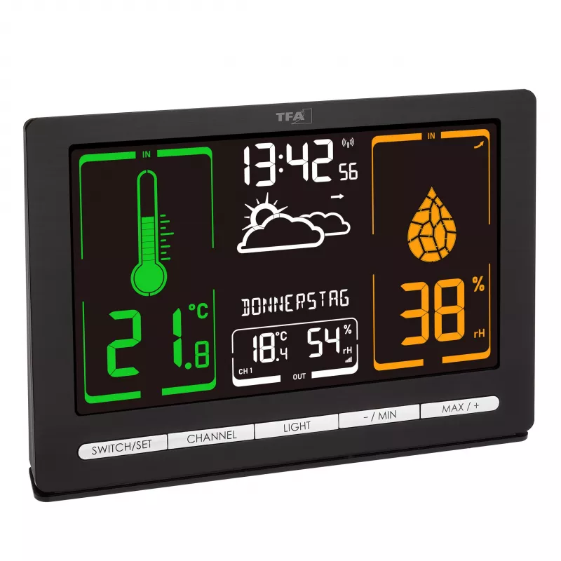 TFA Dostmann METEOCHROME Draadloos weerstation met kleurendisplay, 12-24u voorspelling, buitensensor, DCF-77-klok 35.1132.01