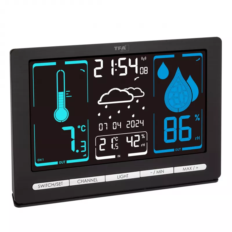 TFA Dostmann METEOCHROME Draadloos weerstation met kleurendisplay, 12-24u voorspelling, buitensensor, DCF-77-klok 35.1132.01