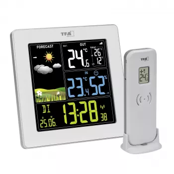 TFA SUN 2 radioweerstation met 12-24 uur voorspelling, binnen-/buitentemperatuur en luchtvochtigheid, luchtdruk, maanfase, zonsopkomst-/ondergangstijden, DCF-77 radioklok en 1 buitenvoeler 35.1174.02