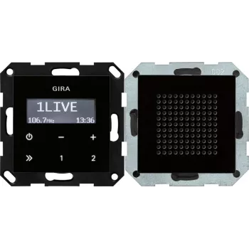 Gira inbouw-RDS-radio-inzet, zwarte glaslook, FM-tuner, 8 zenders, 2 W RMS, 230 V AC 228005