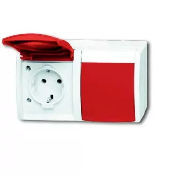 Busch-Jaeger SCHUKO dubbel stopcontact met rood klepdeksel, horizontaal, 16 A, inbouw